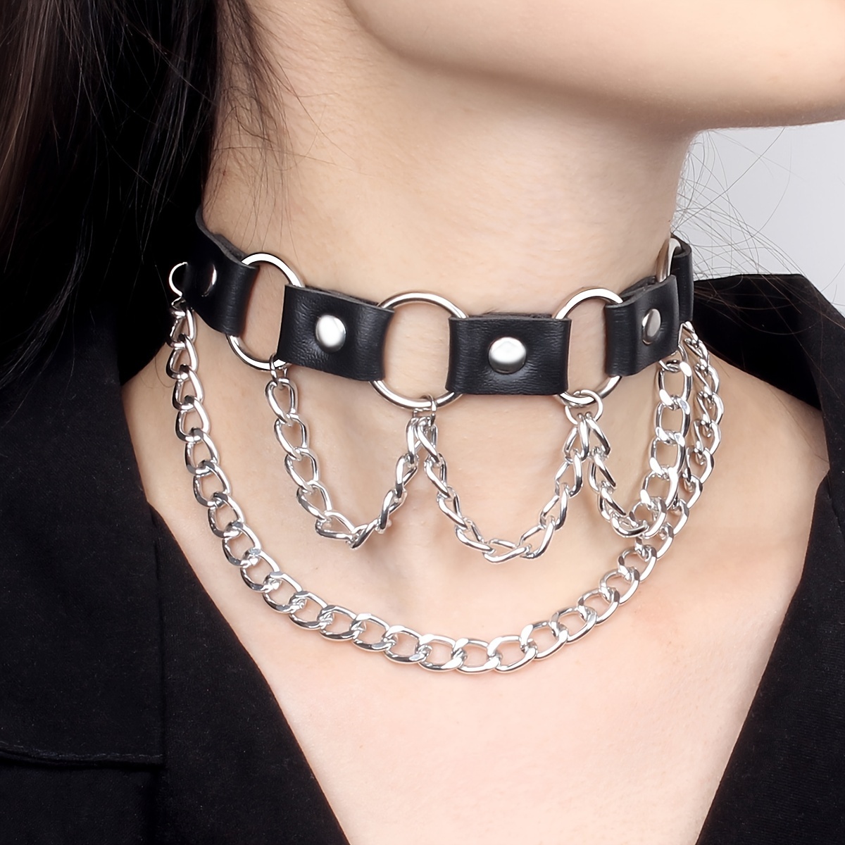 A Punk-style Faux Leather Choker With Circular Rings And Cuban Chain Tassels, Wear For Women In Aesthetic