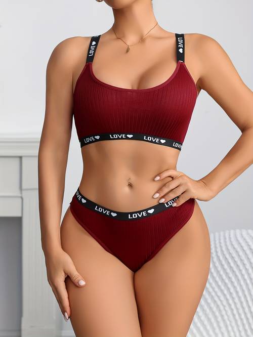 1 Set Pure Sexy Contrast English Ribbon Women'S Ribbed Backless Lingerie Thong Panties Set