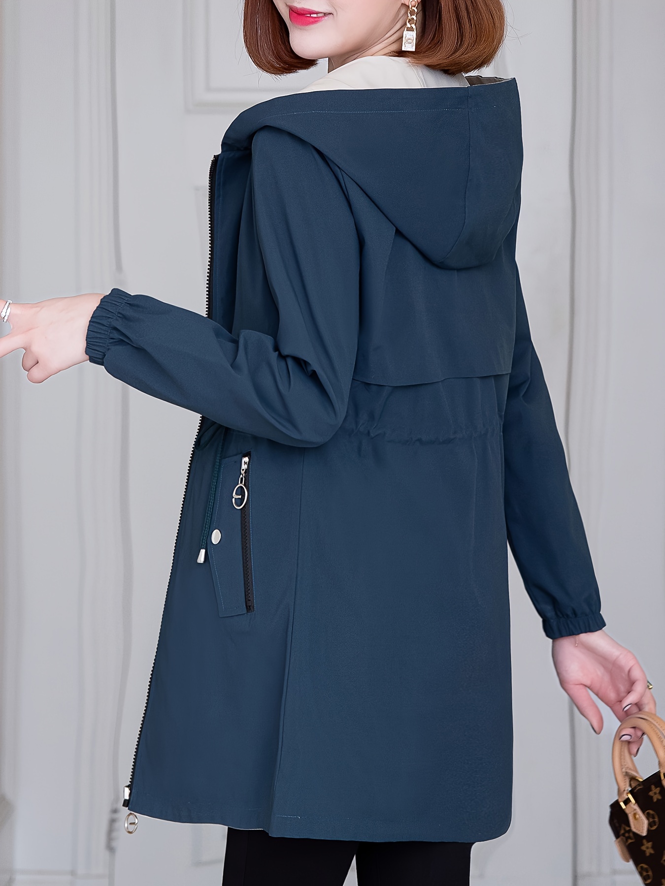 Chaqueta casual de inspiración coreana para mujer, doble cara, midi, con cintura ajustable, cierre de cremallera y forro de contraste, color sólido, abrigo para primavera/otoño, chaqueta rompevientos, atuendo casual, estilo de moda coreana, diseño de cintura entallada - Imagen 8