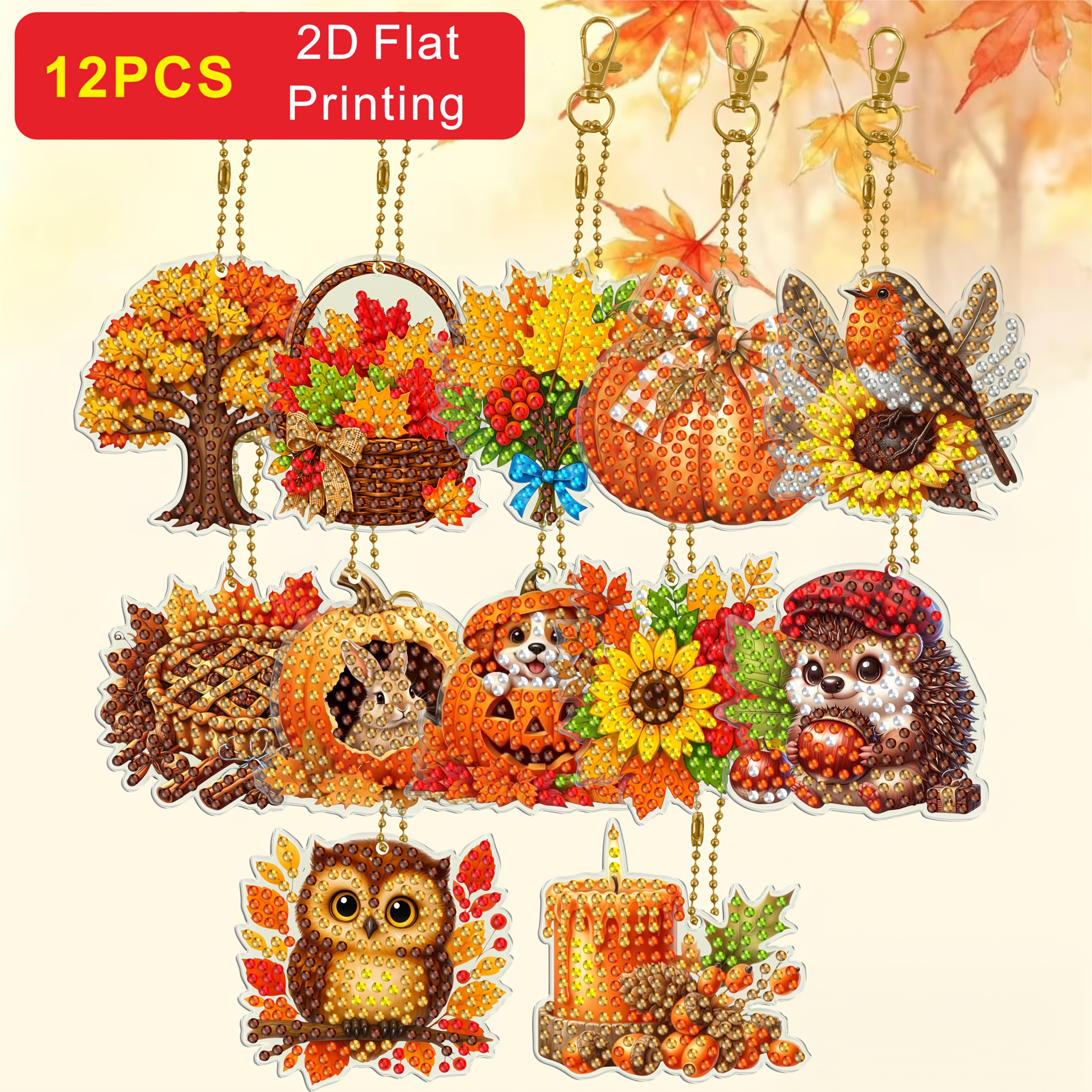 TEMU 2d/flat Printing 12pcs Set Christmas Autumn/winter Double-sided Shiny Rhinestone Keychain Diamond Painting Kit, Animal Elements Diamond Diy,
