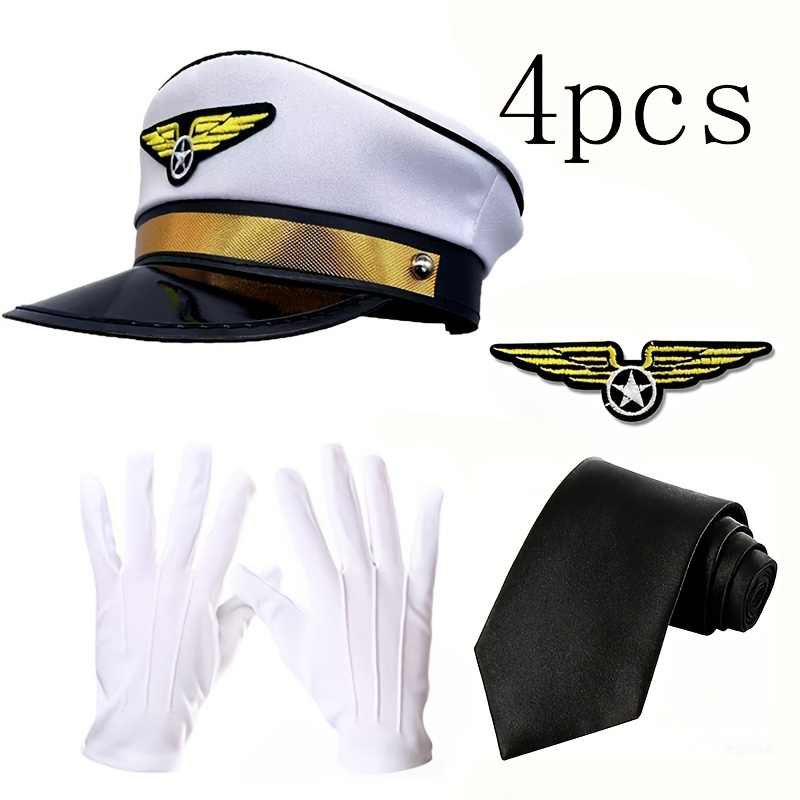 TEMU 4pcs Airline Captain Hat Costume Accessory Set, Pilot Costume Set, Including White Captain Hat, Tie, Badge, Gloves, Adult Role-playing Set,