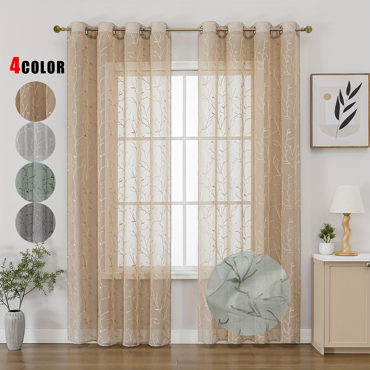 Image of 2pcs Bohemian Style Summer Branch Embroidery French Country Floral Semi-sheer Fiber Pierced Curtains For Kitchen, Bedroom, Living Room, Machine Washable, Country Style Window Decor