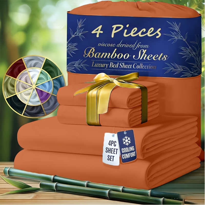 TEMU 4pcs Luxury Bamboo Fiber Sheet Set, Breathable And Cool Sheets | 18-inch Deep Pocket | Hotel Luxury Bedding | Wrinkle-resistant, Fade-resistant,