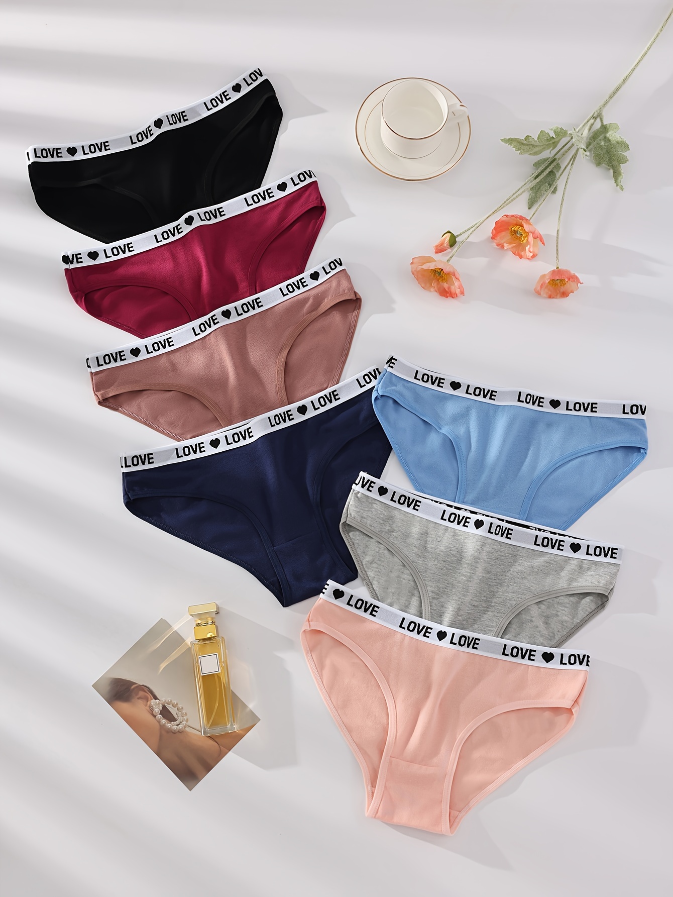 piezas de bragas de bikini sin costuras para mujer Ropa interior  elástica y transpirable con diseño &*;AMOR&*;, colores variados (negro