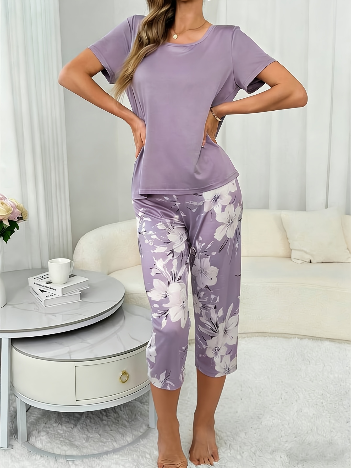 womens capri pants pajama set floral print capri pants spring summer short sleeve crew neck pajamas