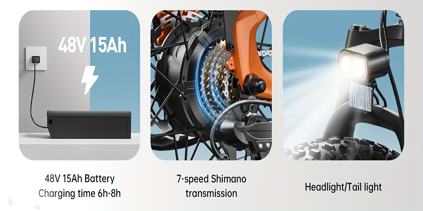 1 electric bike for adults rear high power brushless motor 26 fat tire 48v 15ah removable battery aluminum frame with rear storage shelf suitable for outdoor off road and urban commuting orange   disc brakes Product details 2