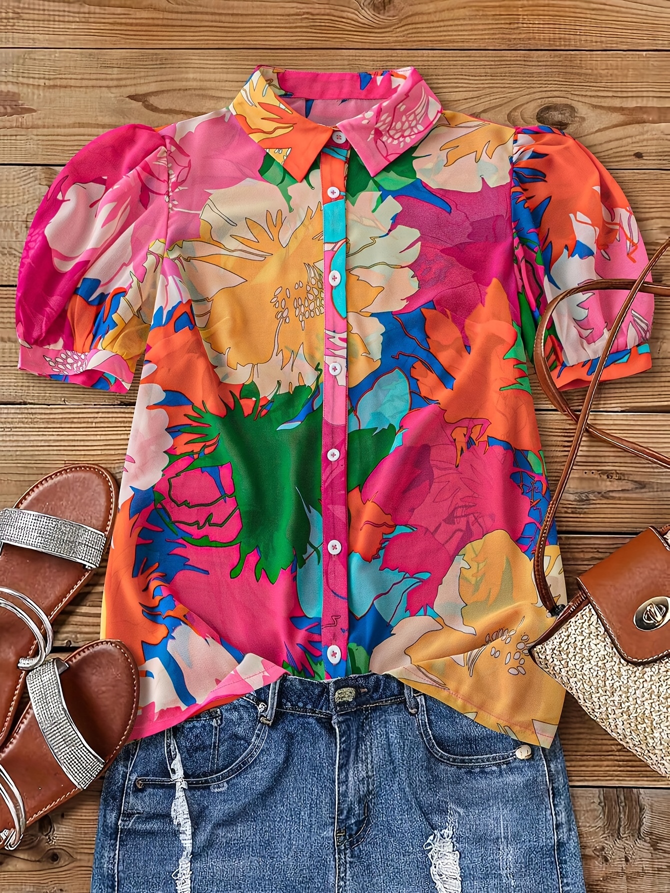 Color Blusa Flores Blusa Flores Mujer Talla Manga Corta Abotonada