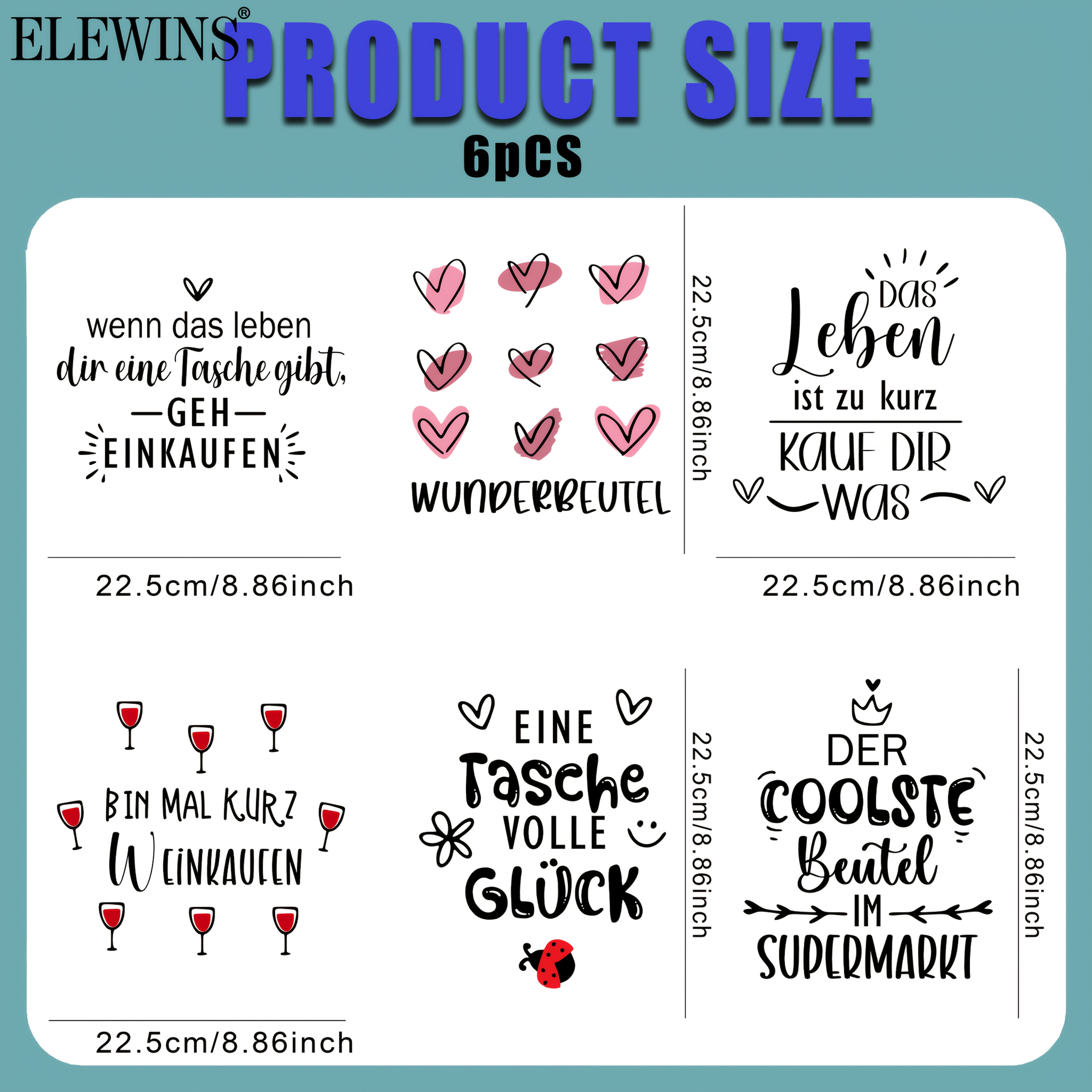 E-shop 6 Bögen Tragetaschen-Zitat-Aufbügler, DTF-Aufbügler, zum Aufbügeln bereite Aufbügler-Aufkleber. Ideal für T-Shirts, Hoodies, Jeans, Rucksäcke &