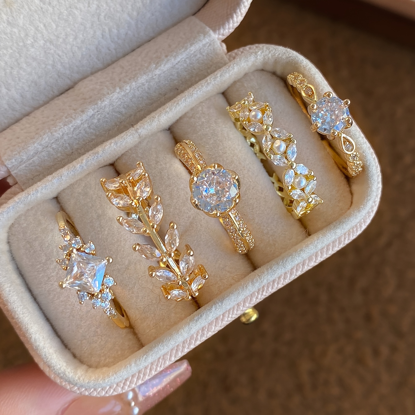 TEMU 5pcs Of Light Luxury, Elegant, Exquisite, High-end, Minimalist, Artificial Zirconia Daily Party Wedding Holiday Gift Bride Ladies Open Copper