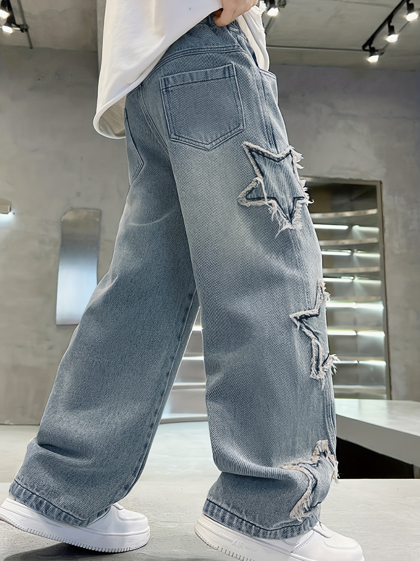 boys casual distressed star patch wide leg jeans loose fit Temu