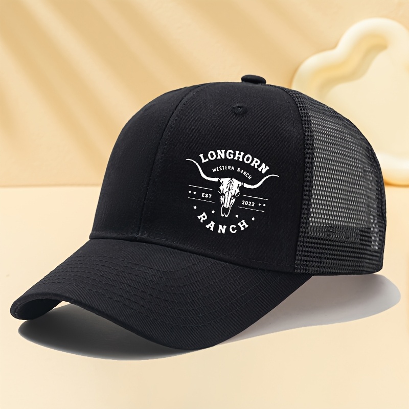 TEMU Men's & Women's Longhorn Trucker - Mesh Baseball Hat With Curved Brim, Suitable For Outdoor Fishing, Camping, Driving, Casual Wear - Breathable