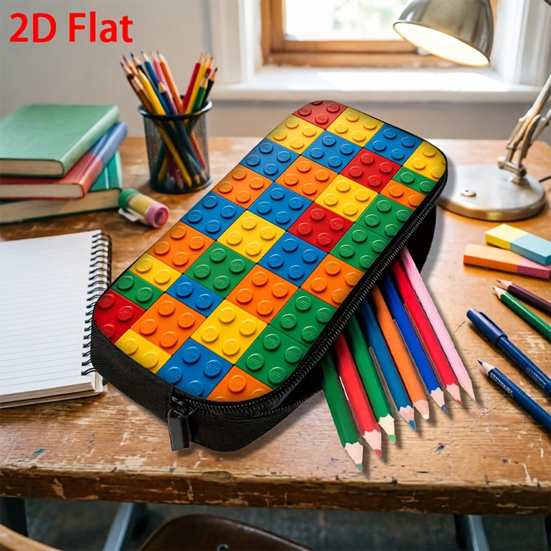 TEMU 1pc Colorful Interlocking Building Blocks Pattern Printed Portable Pencil Bag For School Office And Daily Use