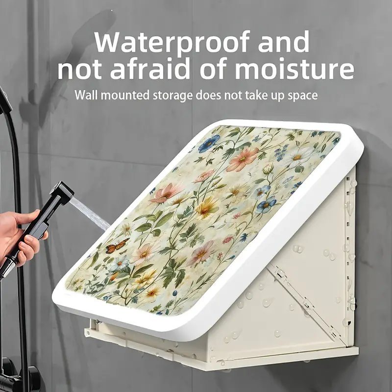 1pc vintage floral pattern mural storage shelf, bathroom hanging storage shelf, waterproof folding shelf, no toilet perforated wall mounted small locker, home organizing and storage, bathroom accessories, space saving details 1