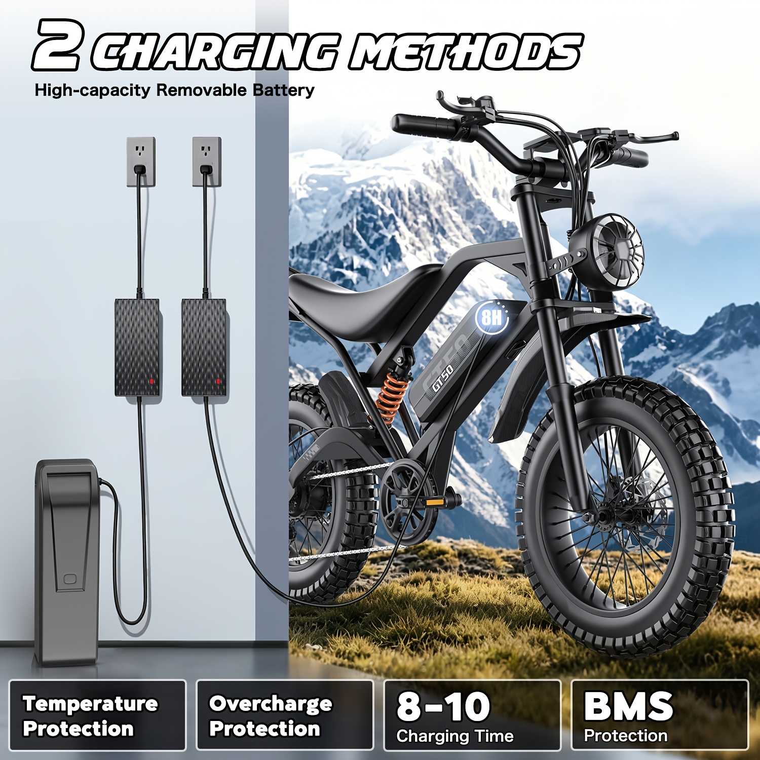 gt50-electric bike for adults teens, 749w   off-road ebike, 27.9mph and 65miles, 20 x 3in portable electric bike, dual suspension and dual brake, commuting ebike with long-seat, 365lbs Product details 2