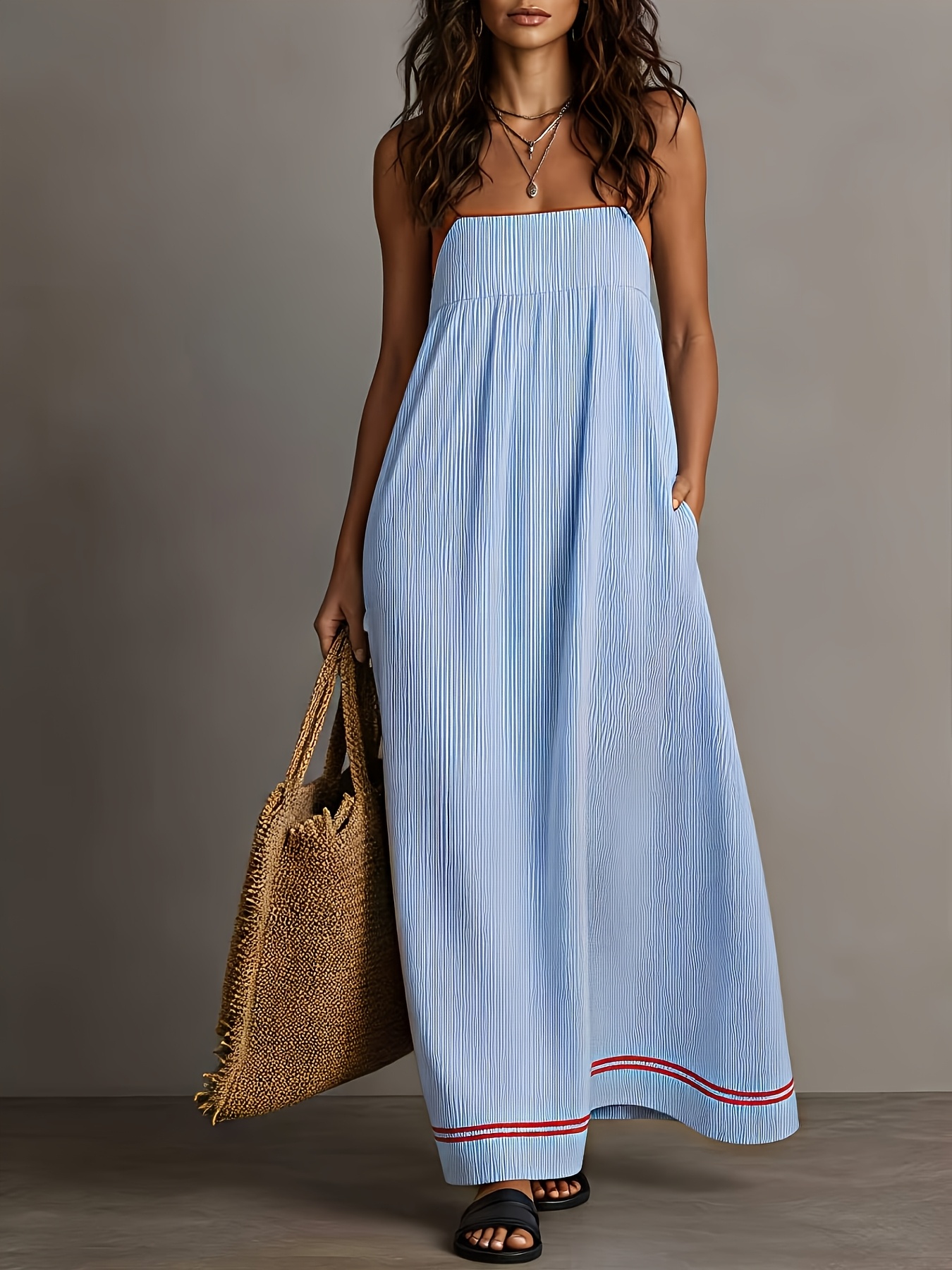 preppy dresses Women's Summer Striped Maxi Dress, Square Neck Spaghetti Strap Flowy Casual Sundress * Beach Long Dress girly preppy outfits pink Ivory Tulle A-line V-neck YGroup_whitney_satin_dress depending on the occasion Colors:Blue Floral