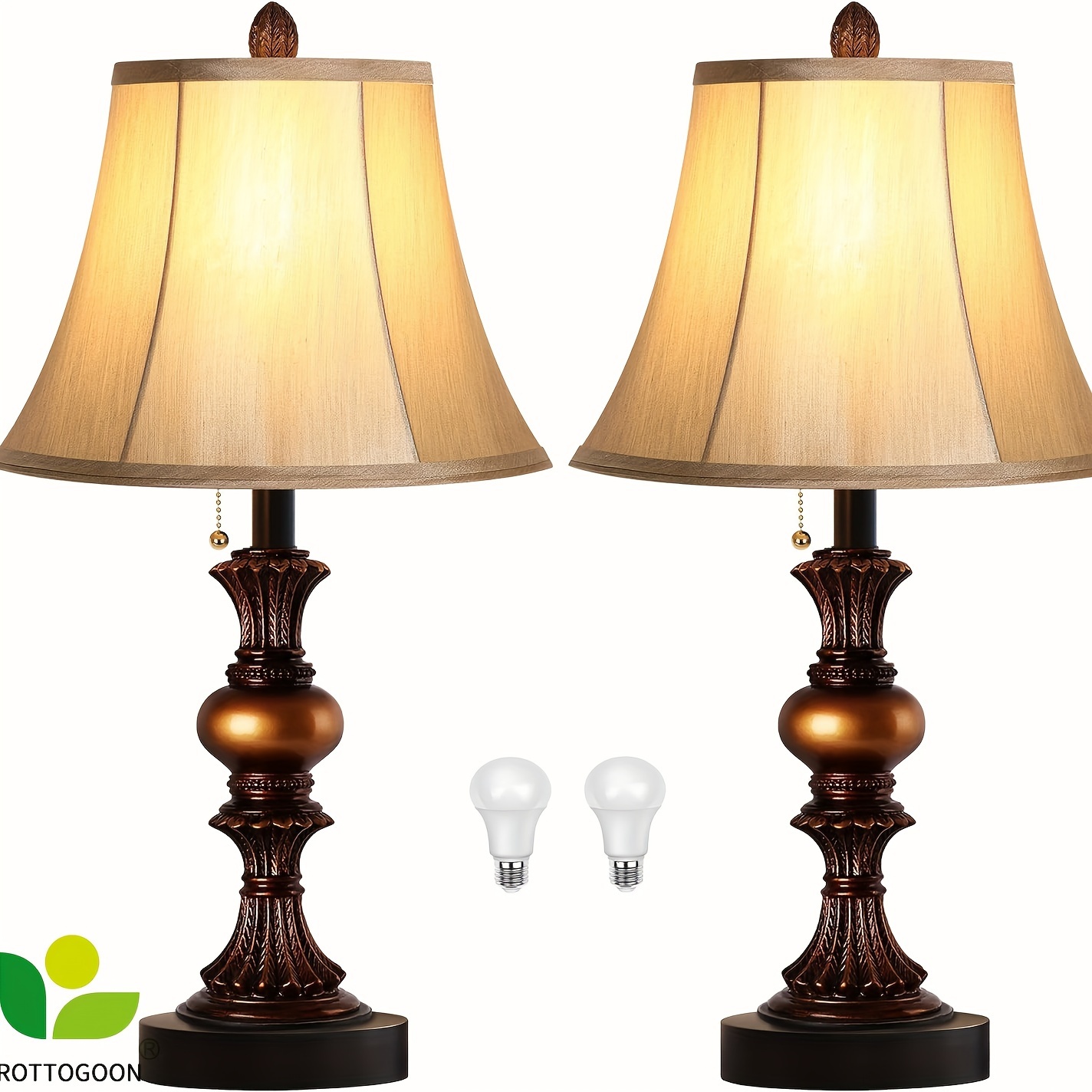 

2 Traditional Table Lamp, Vintage Bedside Lamps With 3 Color Temperatures Led Bulbs, Classic Bronze Desk Lamps Shape Shade For Livingroom, Bedroom, Valentine's Day And Easter Gifts