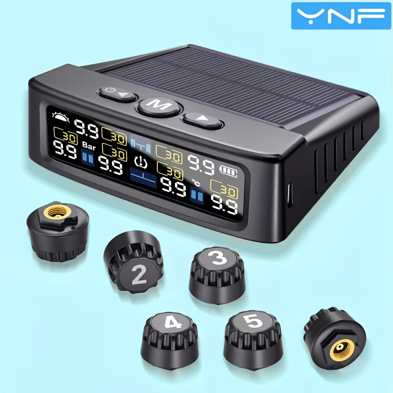 Ynf 6 Wheel Solar Powered Wireless Tire Pressure Monitor | 6 Sensors No Installation | Real-time Tire Temperature And Pressure Alarm | Vibration Sensing Smart Display | Compatible With Suv/sedan