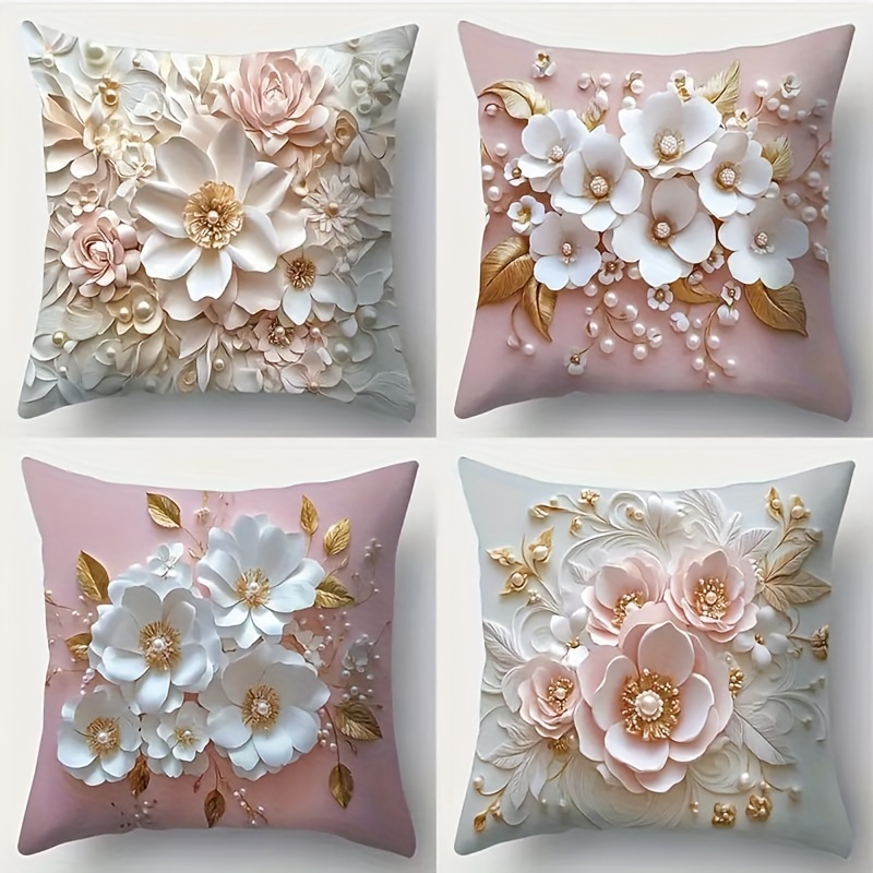 

4pcs Set Of Floral Pillow Covers - 3d Printed Pink & White Flowers, Perfect For Living Room, Sofa, Bedroom Decor - Zip Closure, Machine Washable Polyester
