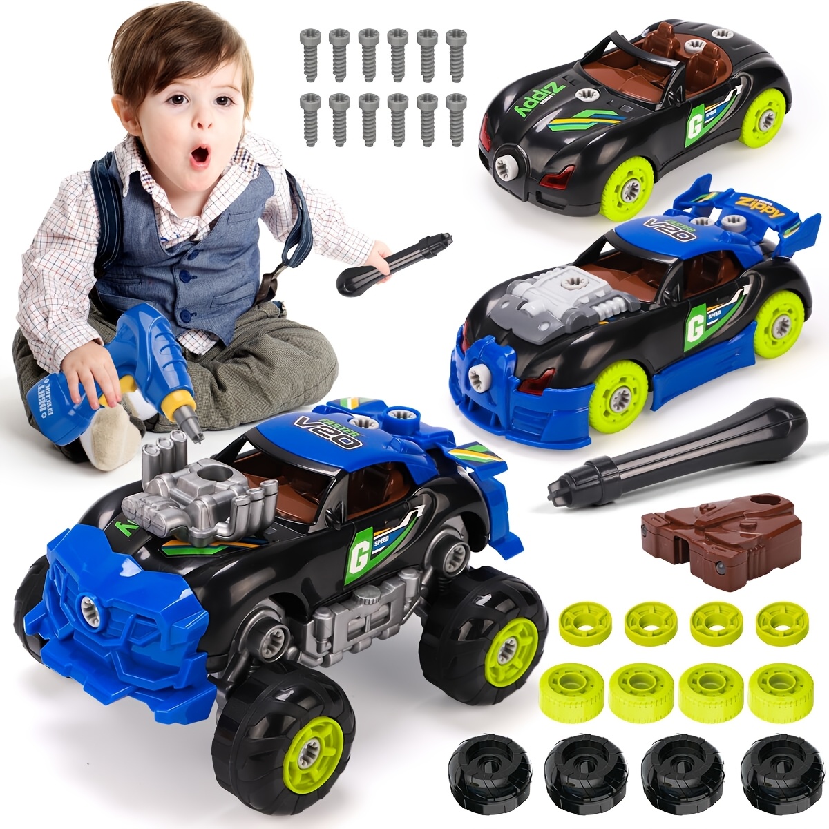 

3-in-1 Children' Toy, Using Electric Screwdriver Tools To Disassemble Racing Cars, Lighting, Sound, Building Set Stem Building Learning Game, Suitable For Boys And Girls Aged 3, 4, 5, And 6