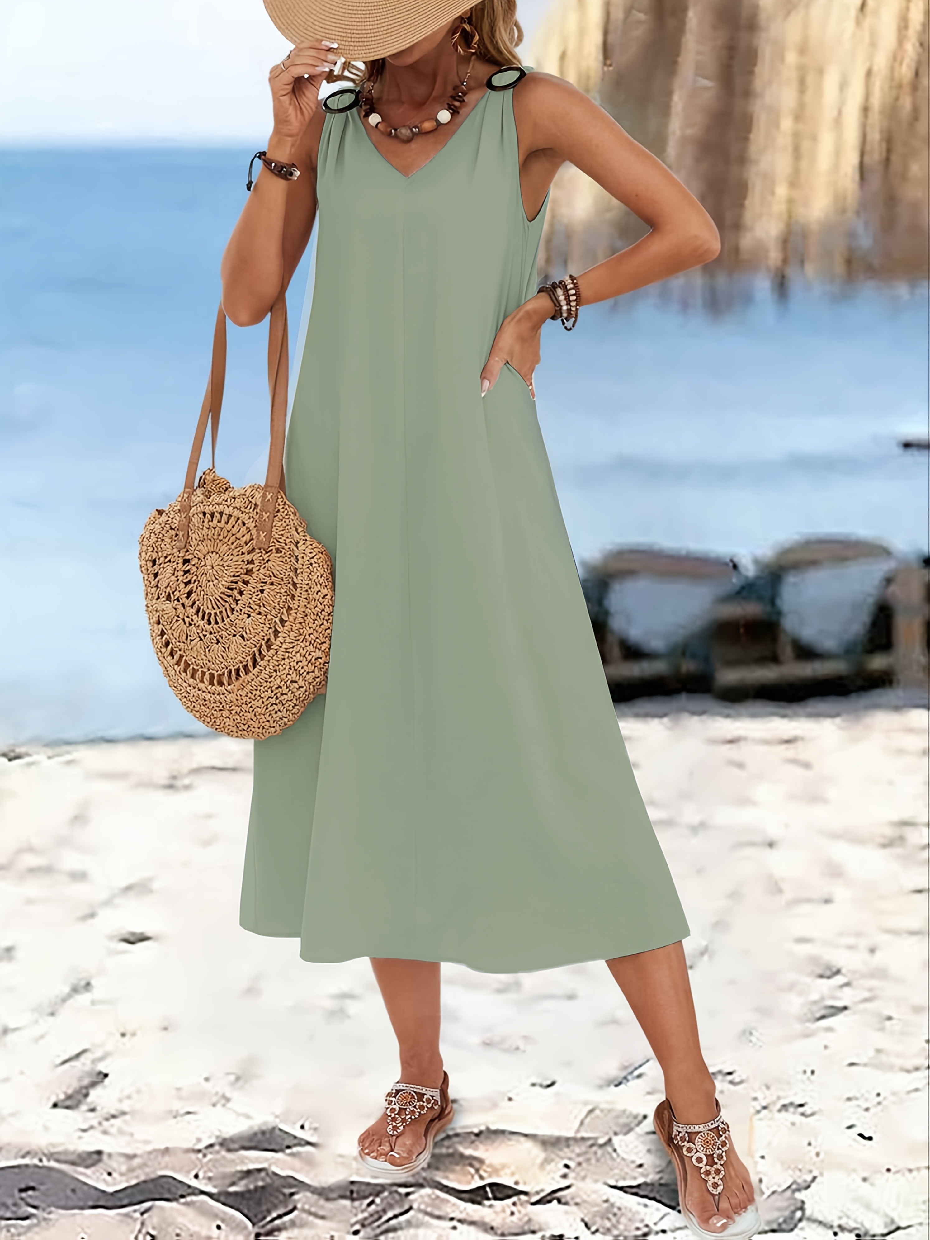 Abito Midi Estivo Donna Senza Maniche - Vestito Casual Largo Con Bottoni E Tasche, In Rayon E Spandex - Foto 3