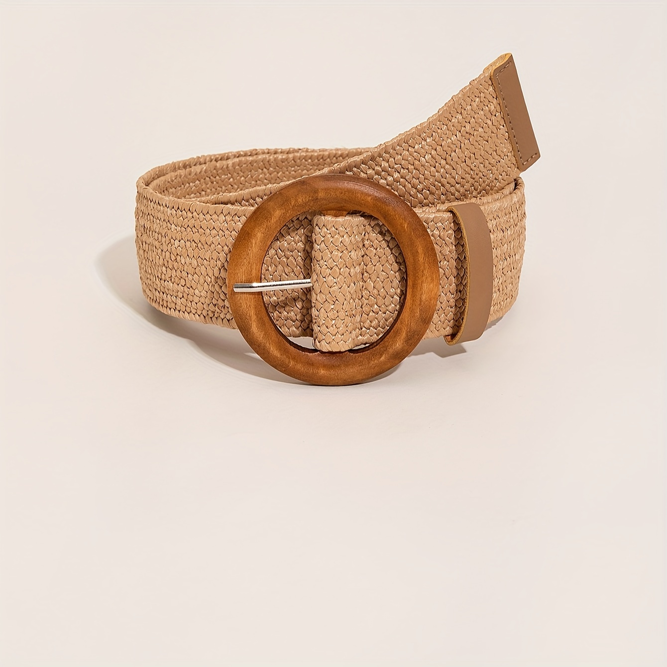 

Classic Round Pin Buckle Woven Belt Monochrome Waistband Boho Style Dress Belts For Women