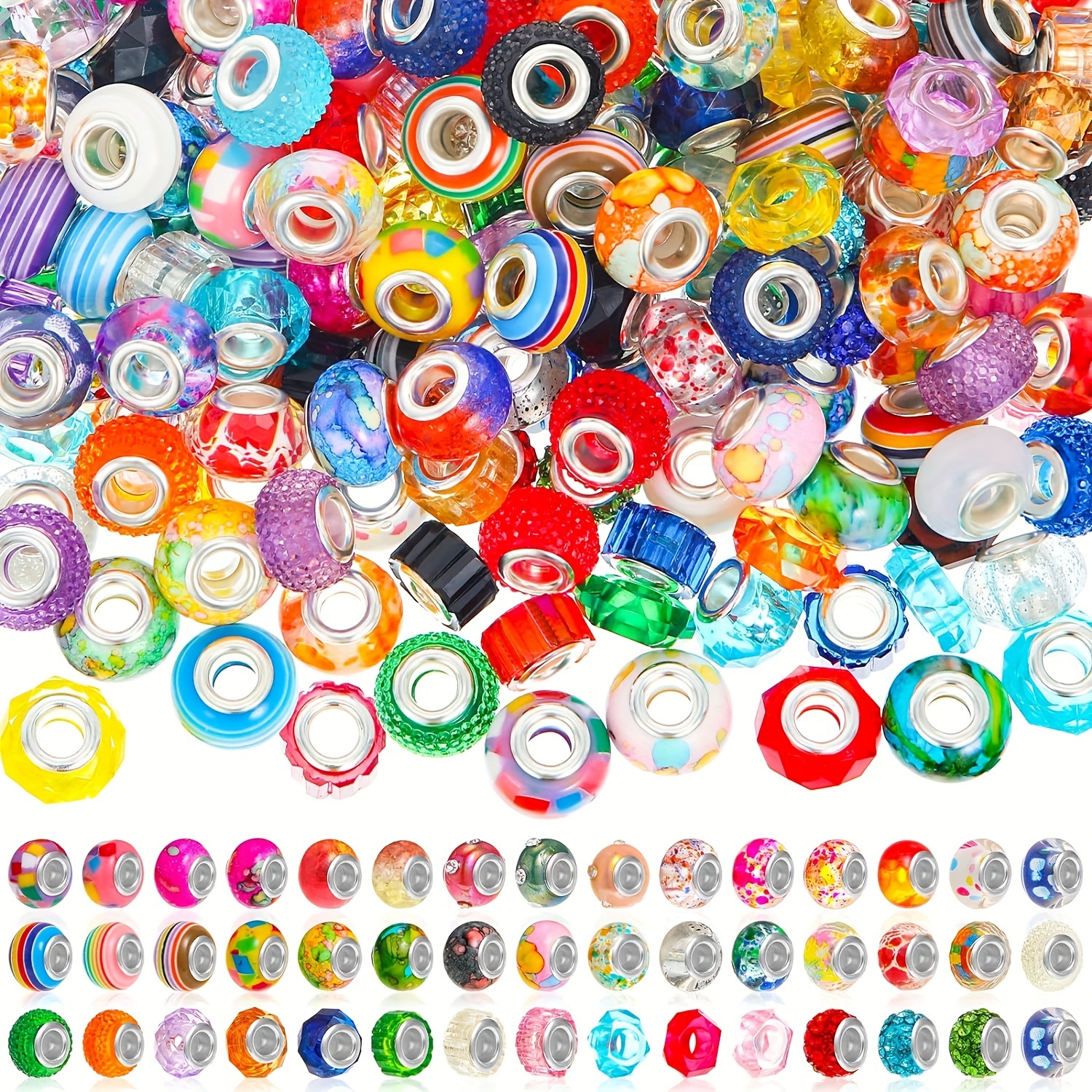 

100pcs Mixed Colorful Large Hole Glass Faceted Lampwork Loose Spacer Beads Silvery Plated Cores For Diy Bracelet Necklace Crafts Jewelry Making Supplies