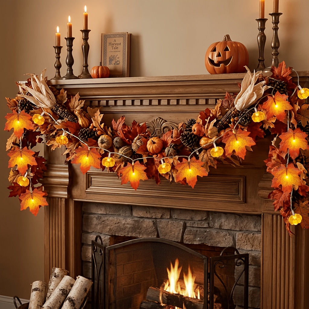 TEMU Fall Decorations Maple Leaf Pumpkin Lights, Battery Operated 3d Pumpkin Fall Leaves Garland String Light For Home Mantel Porch Door Indoor