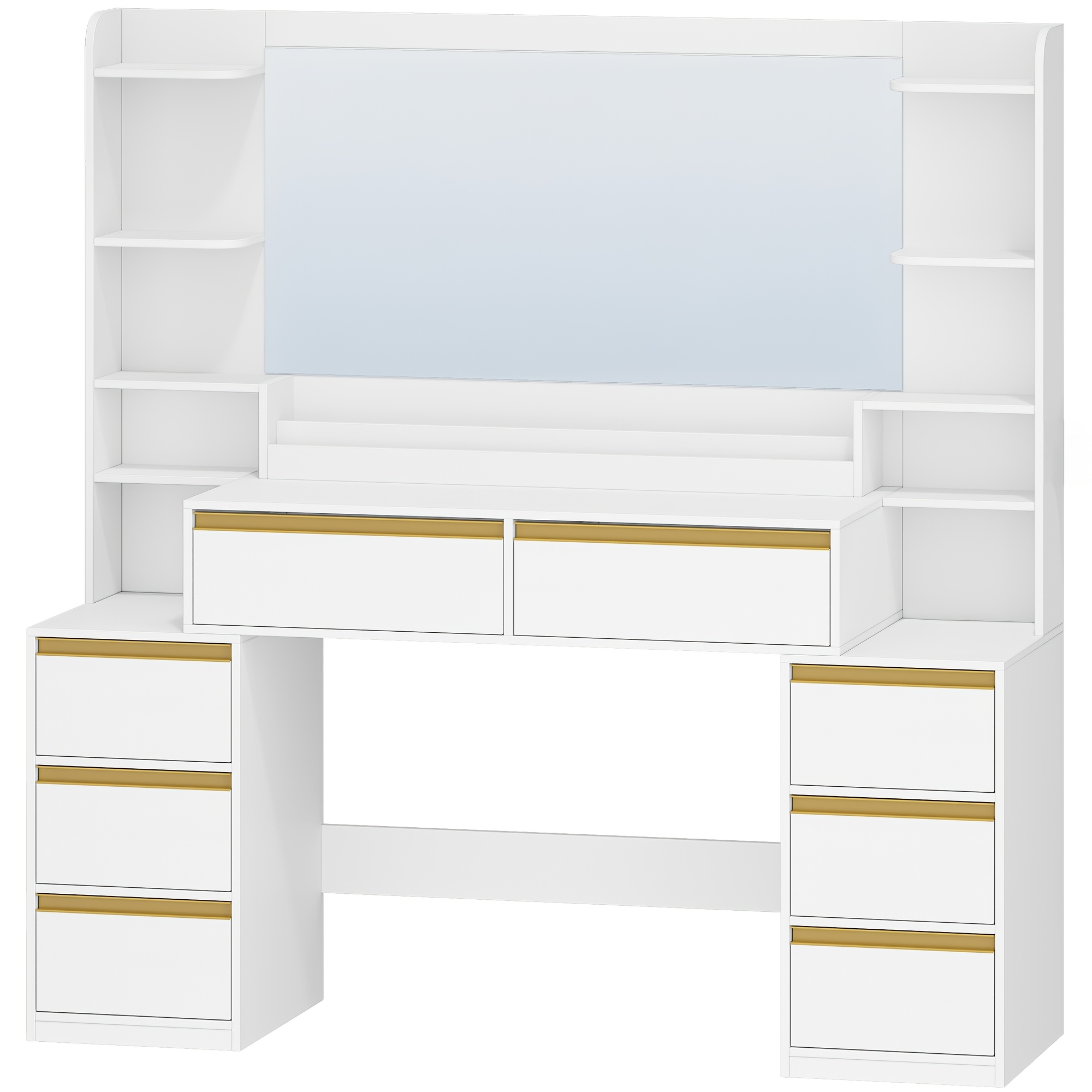 Image of Dressing Table With Large Mirror, With Dressing Table And Hair Dryer Rack, 8 Drawers, Open Compartments, 135 × 40 × 145.2 Cm, Modern White Golden Dressing Table