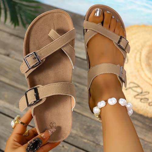 womens retro flat sandals with adjustable toe strap support comfortable brushed cover slip on shoes beige open toe design for casual wear strappy sandals