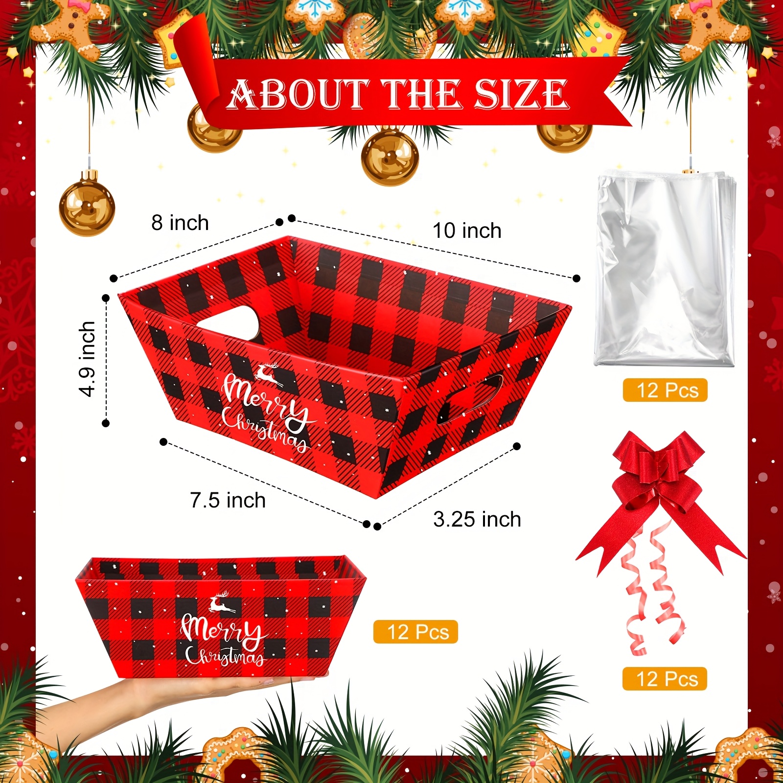 36pcs Bulk Christmas Gift Basket Set - Sturdy Cardboard Baskets with Red Buffalo Plaid & Pull Bows (12 Baskets + 12 Bows) Large Holiday Boxes for Xmas Stocking Stuffers, Party Favors, Corporate Gifts - Easy Assembly