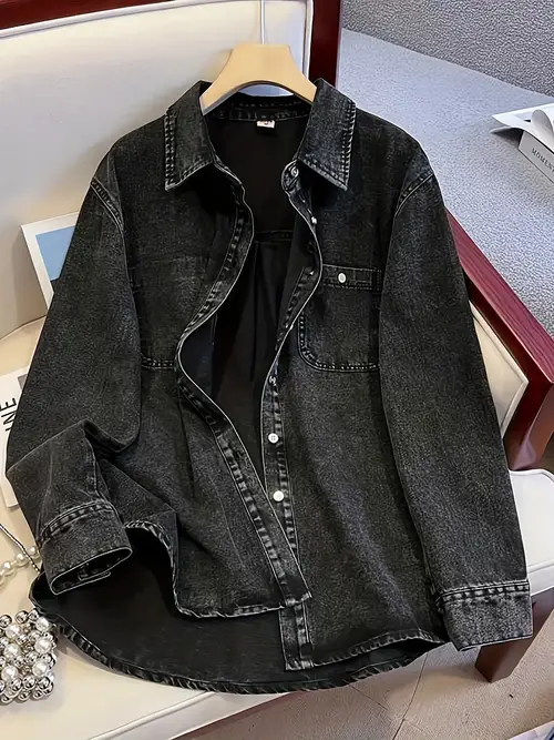 여성용 캐주얼 블랙 데님 셔츠 재킷 - 긴 소매, 단추, 칼라, 신축성 없음, 세탁기 사용 가능, 단색, 봄 & 가을에 완벽, 가을 데님 재킷 | 클래식 데님 셔츠 | 솔기 디테일