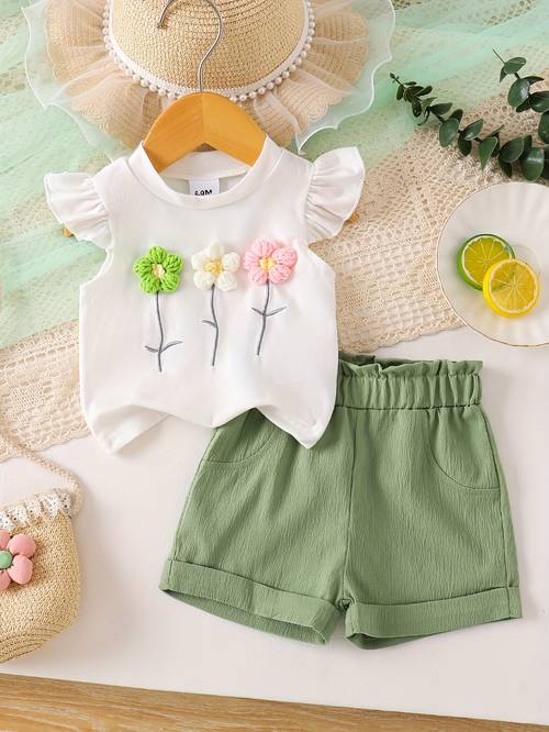 baby girl fresh flying sleeve craft flower top with pocket shorts set p101699 for outdoor