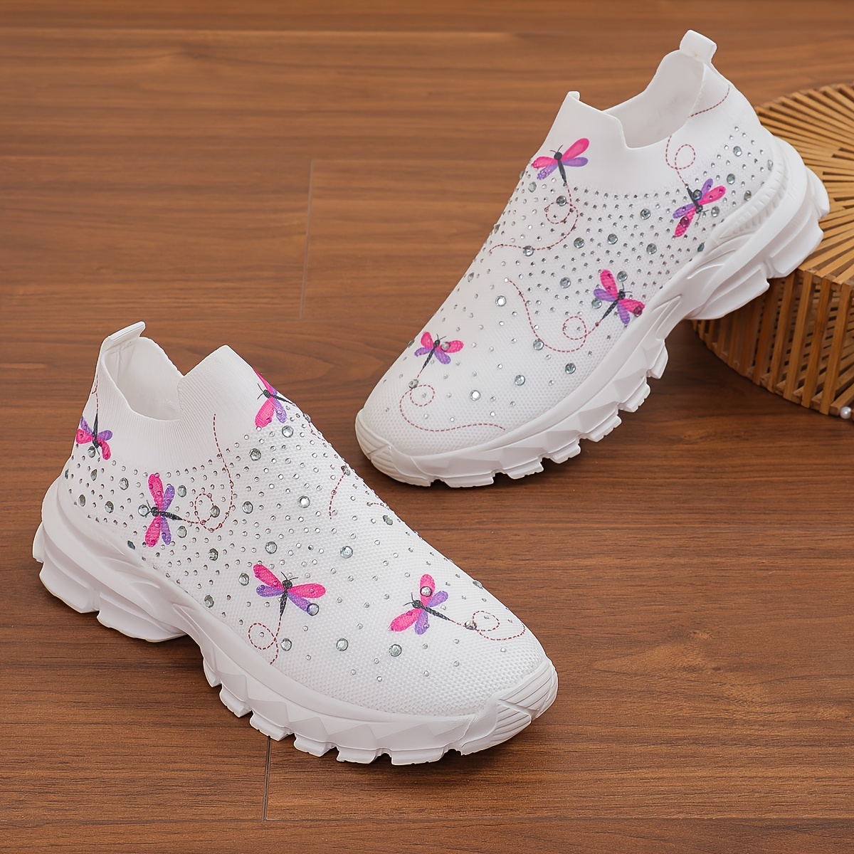 

Women's Dragonfly Pattern Sock Sneakers, Rhinestone Knitted Slip On Sports Shoes, Casual Breathable Walking Shoes