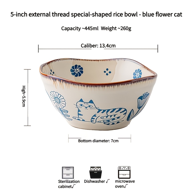 TEMU 1pc Suitable For Serving Style Ceramic Bowl With Cat Print & Wavy Rim - Beige , Retro Tableware For Rice, Desserts, Yogurt, Suitable For Daily