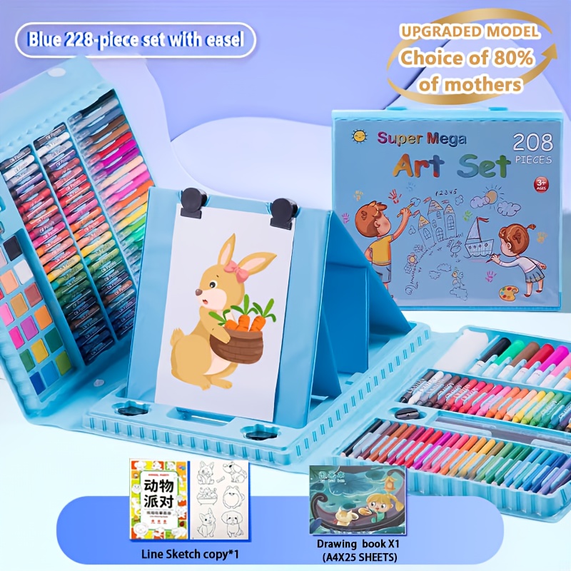 TEMU 228pcs Children's Drawing Set With Drawing Board, Colored Pencils, Watercolors, Oil Pastels, Crayons, Pencils, Erasers, Drawing Books, Acrylic