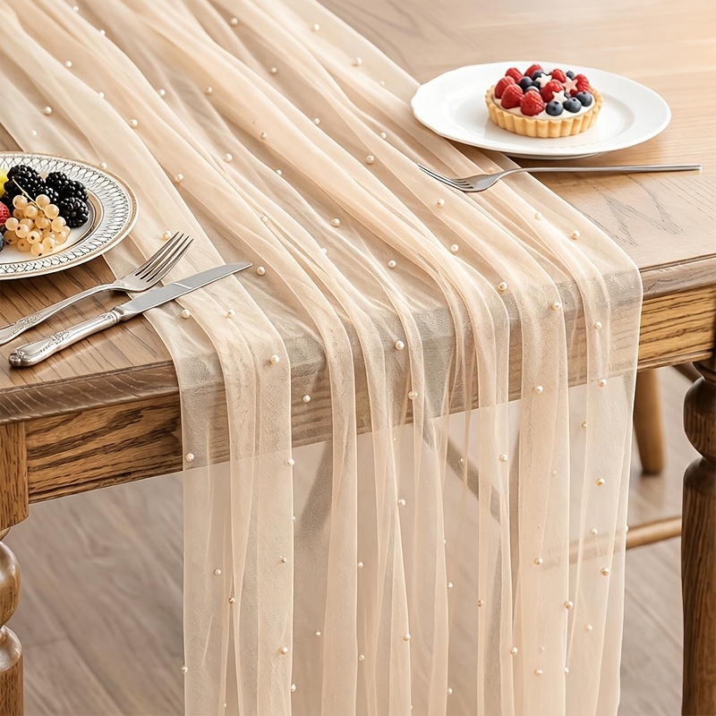 TEMU Chemin de table en tulle perle de luxe Champagne, nappe en polyester à perles ultra-longues, tissu fluide plis, décoration de bureau , convient