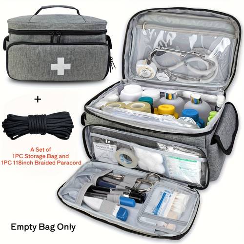 bolsa organizadora de equipaje, bolsa de almacenamiento de medicamentos portátil de gran capacidad, kit de primeros auxilios de viaje portátil multibolsillos, juego de piezas de bolsa de almacenamiento y paracord trenzado, ideal para viajes, camping, senderismo y necesidades de emergencia
