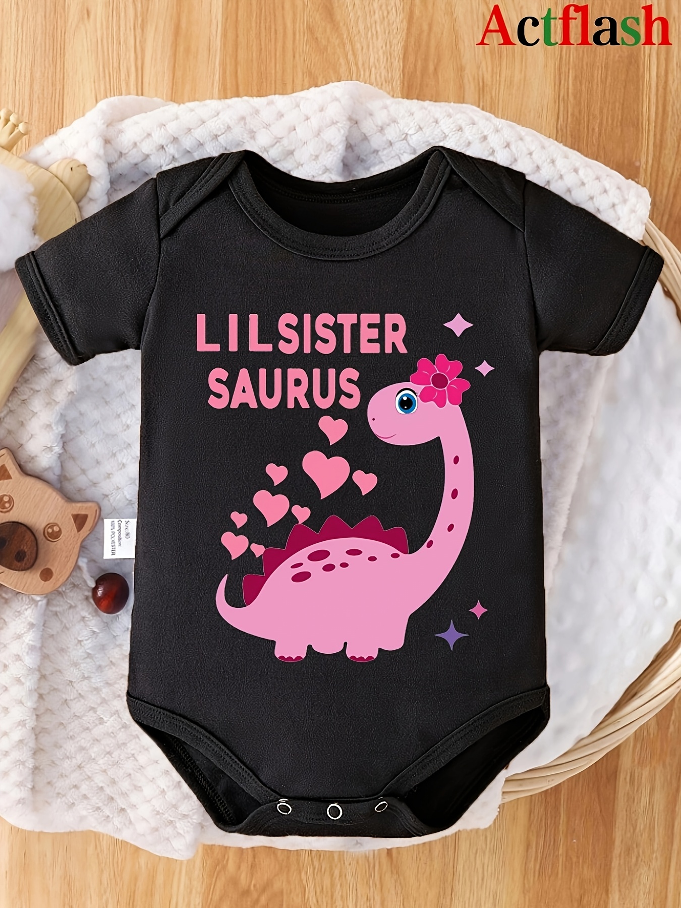 little sister dinosaur cartoon print baby   bodysuit short sleeved summer onesie for newborns a gift for pregnancy for outdoor black 0