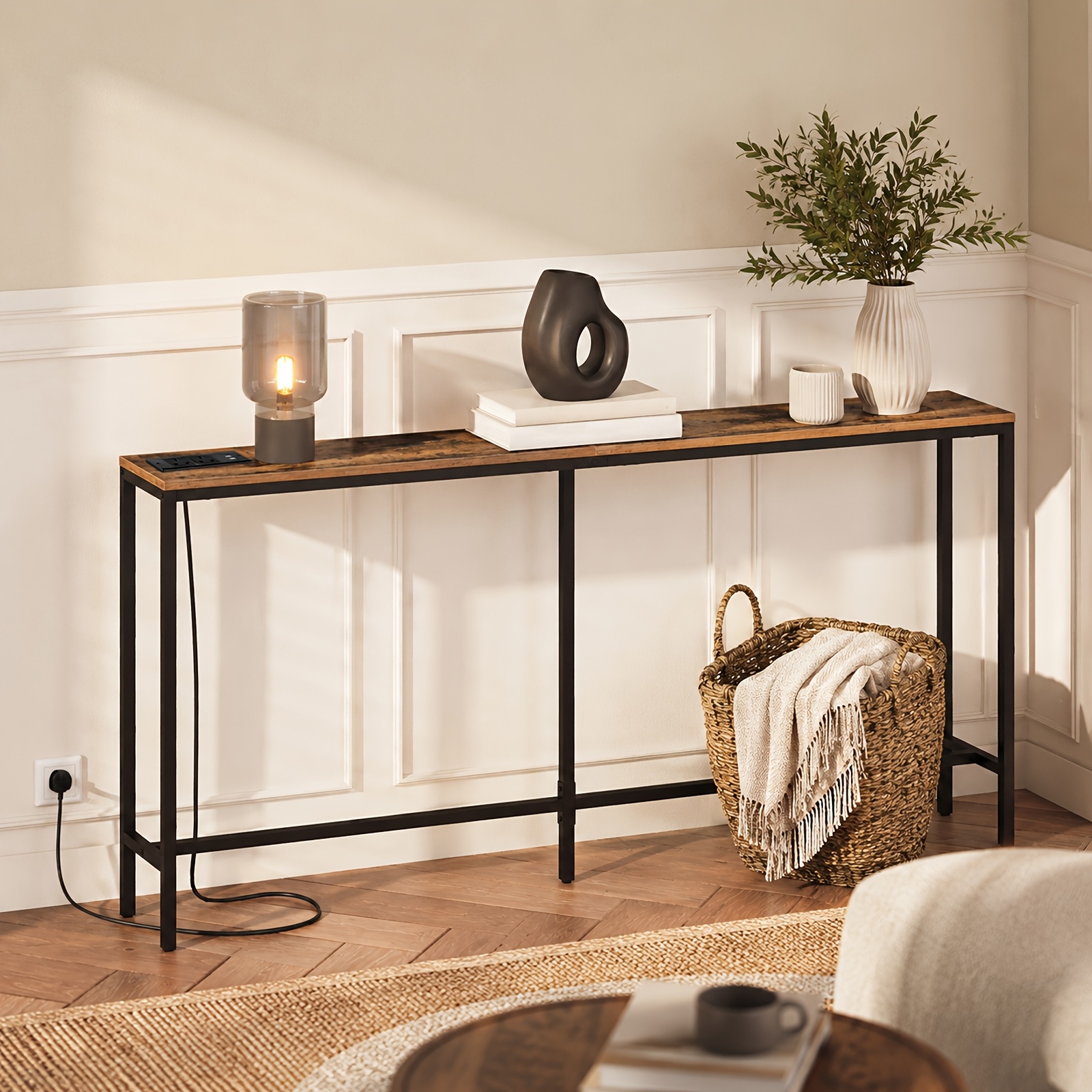 TEMU Mesa de Consola, Mesa de Consola con Estación de Carga, Mesa de Sofá Delgada de 160 cm, Mesa de Entrada Industrial con Puerto USB, Mesa Lateral