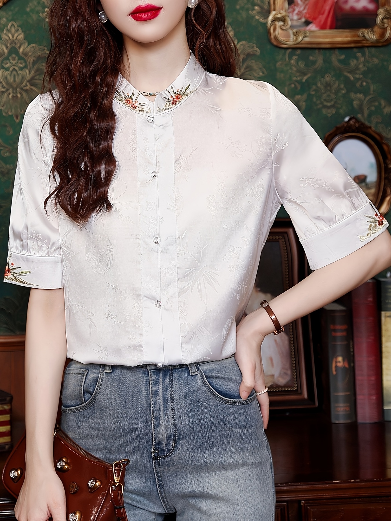 1pc elegante camisa manga corta cuello mao bordado Temu Colombia