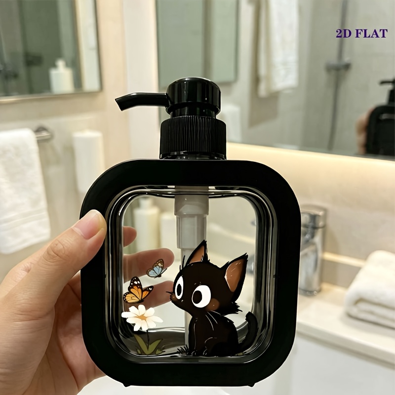 TEMU Single Unit, Little Black Cat Daisy Cartoon Illustration Printed Soap Dispenser - Refillable Bottle. Summer Decor - Durable Plastic, Bathroom