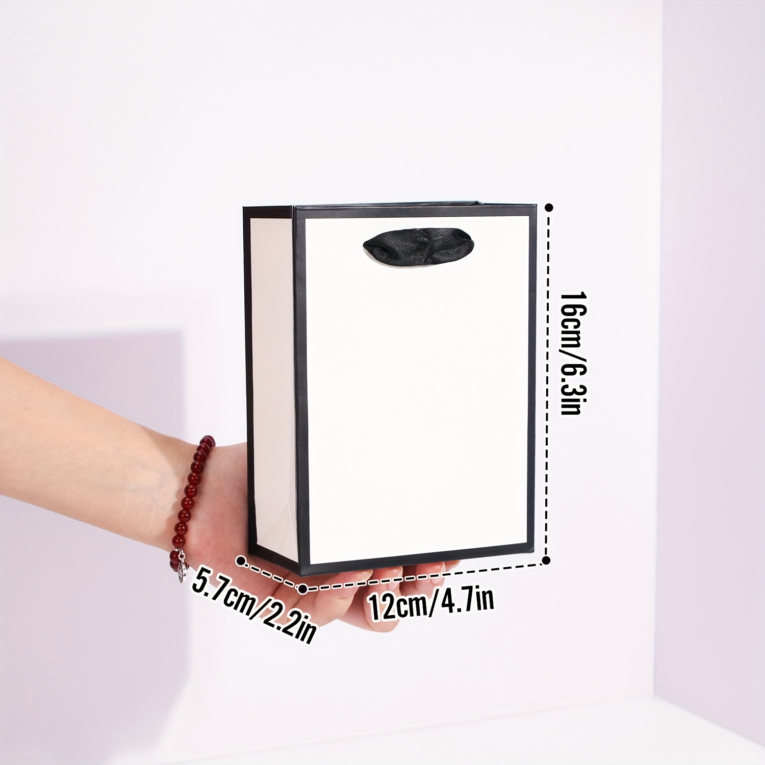 TEMU 12pcs Mini Paper Bags | White With Black Trim, 12x5.7x16cm, With Handles, Ideal For Jewelry & Party Favors, Made Of Paper