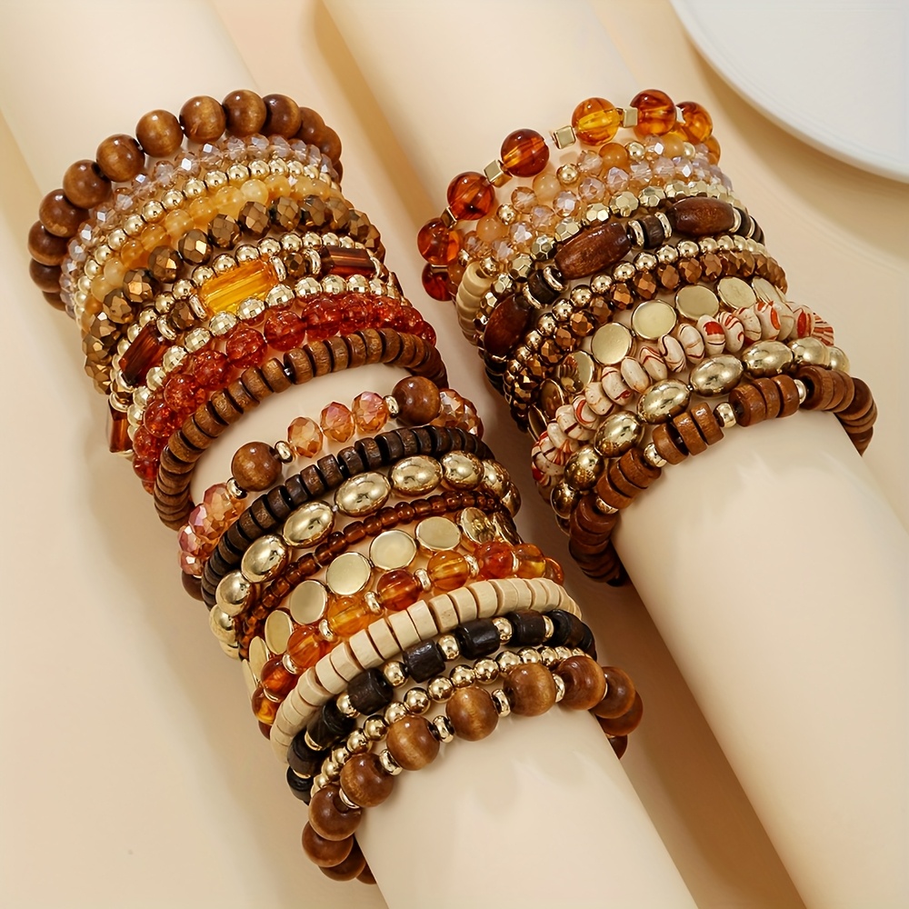 Boho Beaded Bracelet Set - Acrylic & Wooden CCB Bangles Stackable