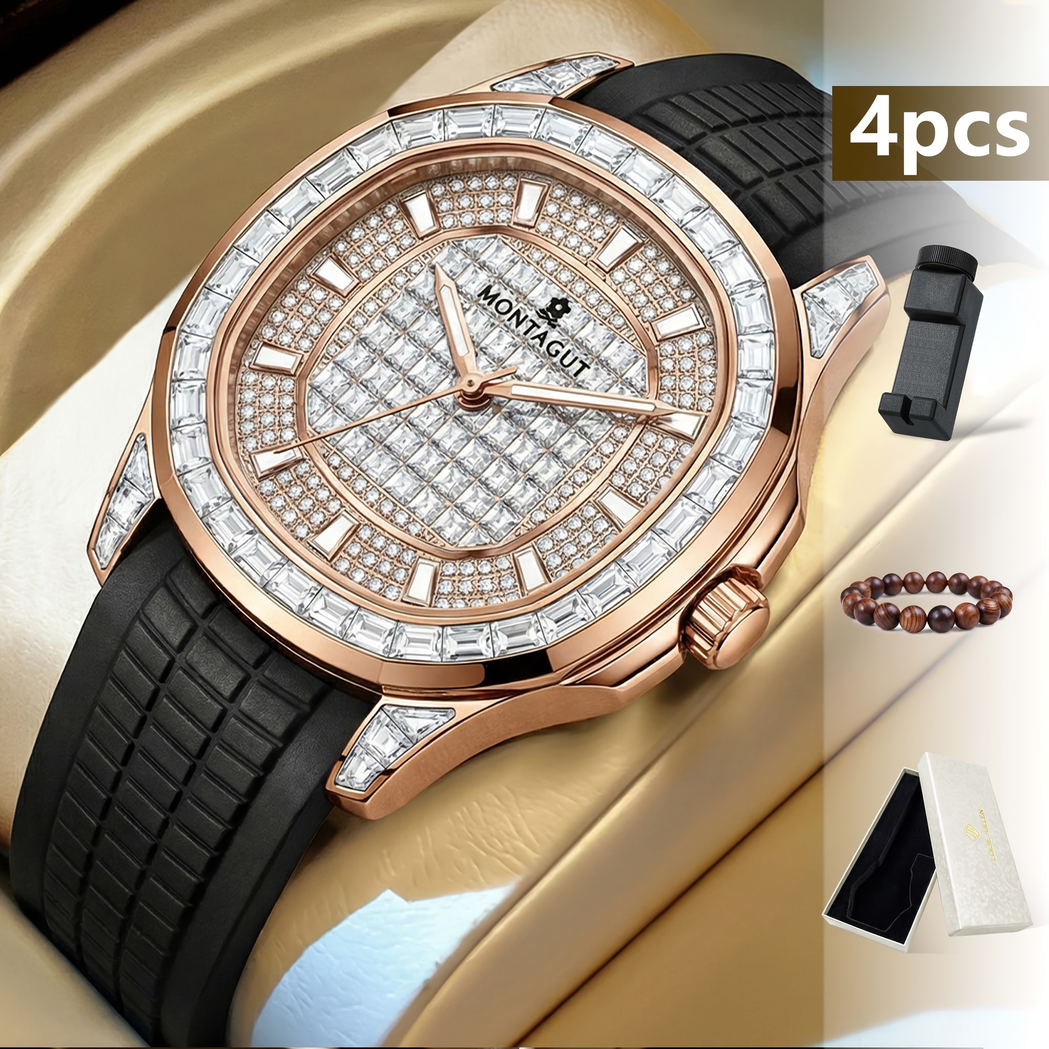Image of 4pcs Golden High-end Brand Men's Mechanical Watches, Light Luxury, Versatile Business Men's Wristwatch