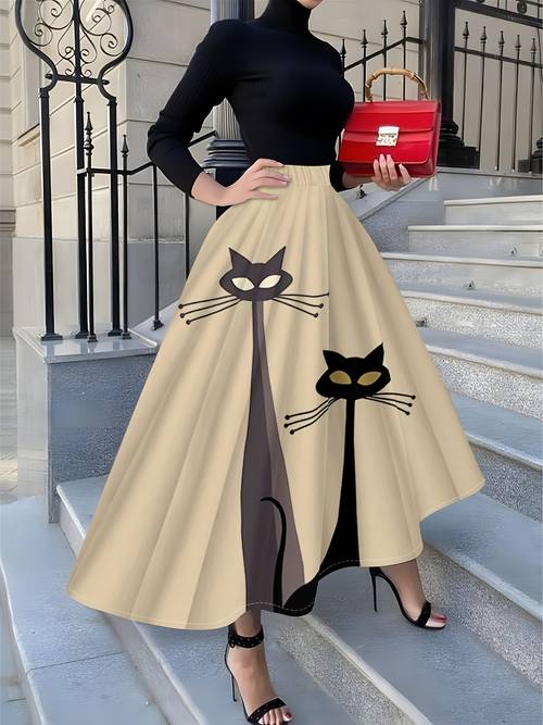 item picture womens elegant and fashionable half skirt with cat print design
