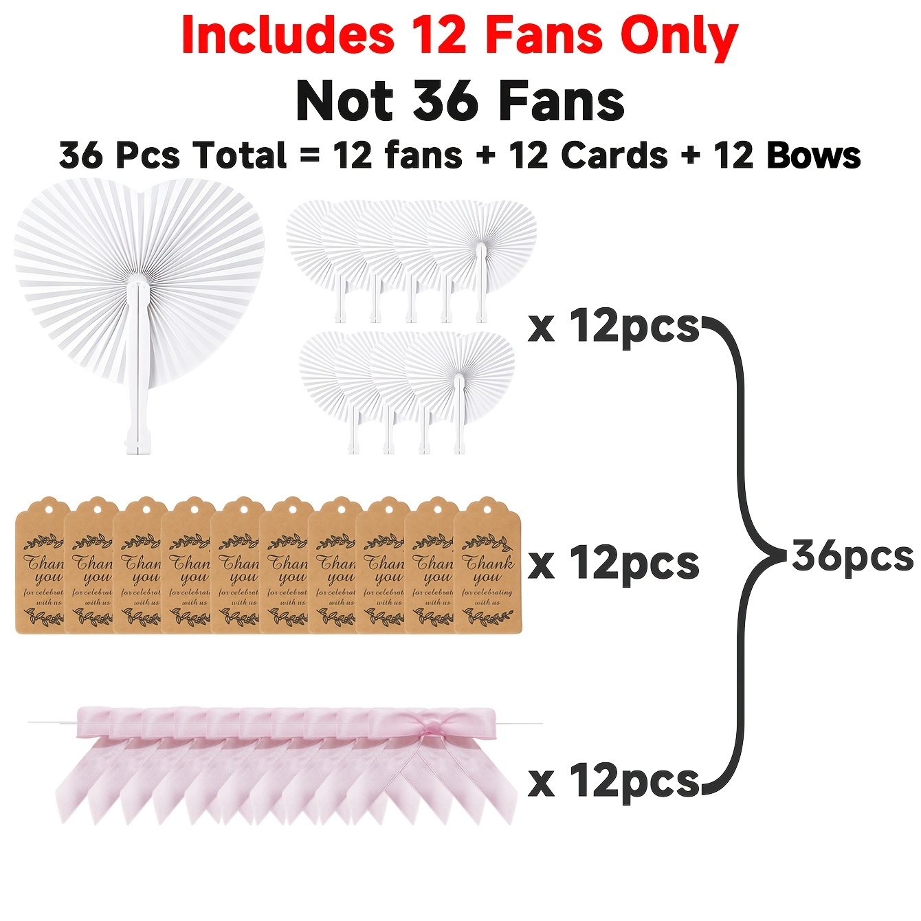 TEMU 36pcs Customizable Heart-shaped Hand Fan Set, Total Of 12 Complete Gift Sets, Includes Paper Cards And Bows, Suitable As Guest Favors, Rustic