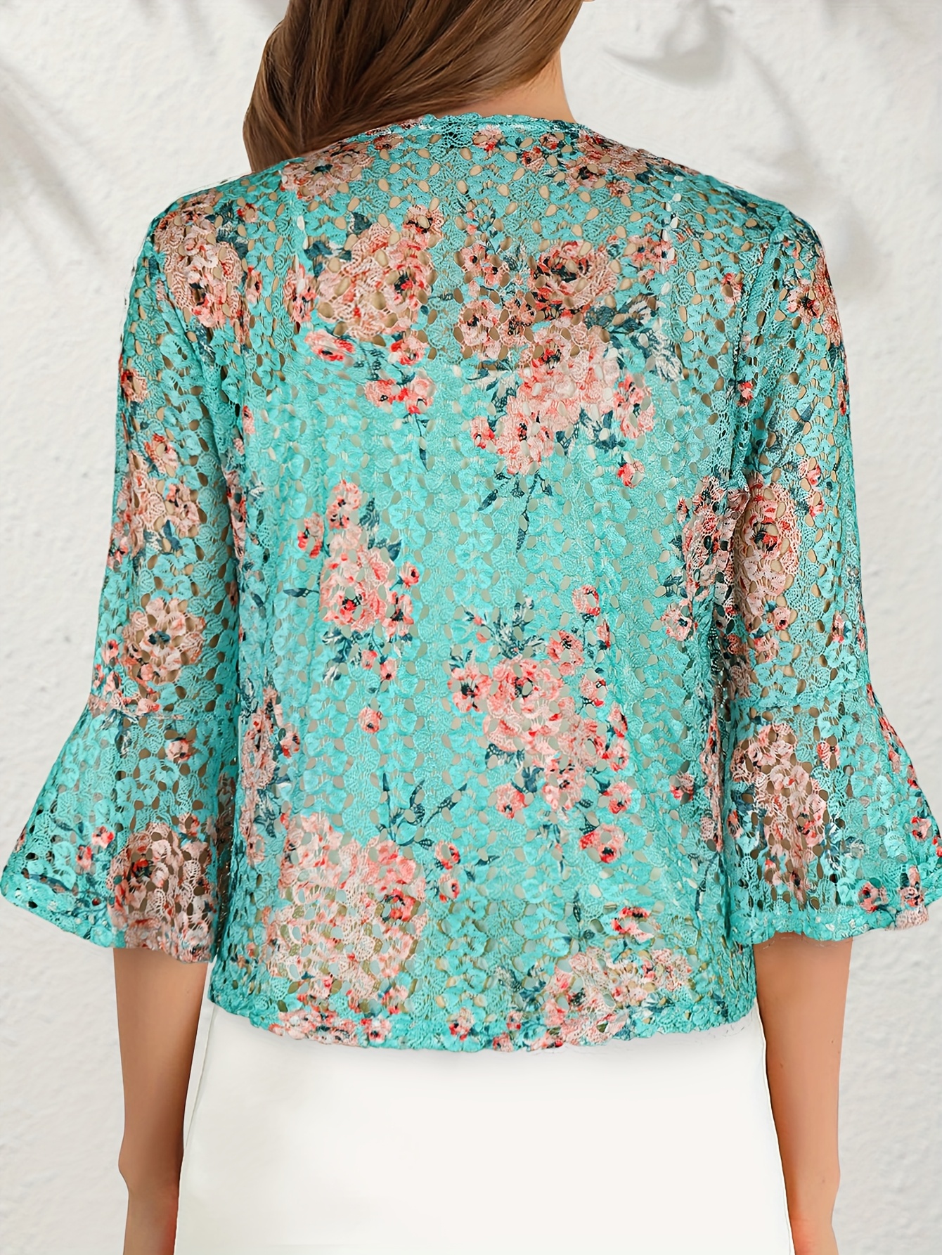 Women's Turquoise Blue Pink Floral Print Bell Sleeve Cardigan  Lightweight Semi-Sheer Jacket with Turquoise Collar, Resort Style for  Beach