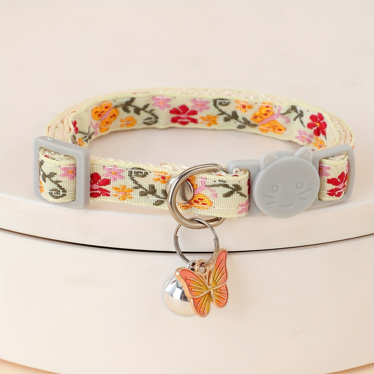 Adjustable Nylon Pet Collar With Embroidered & , Bell Charm - Perfect For Cats And Small Dogs