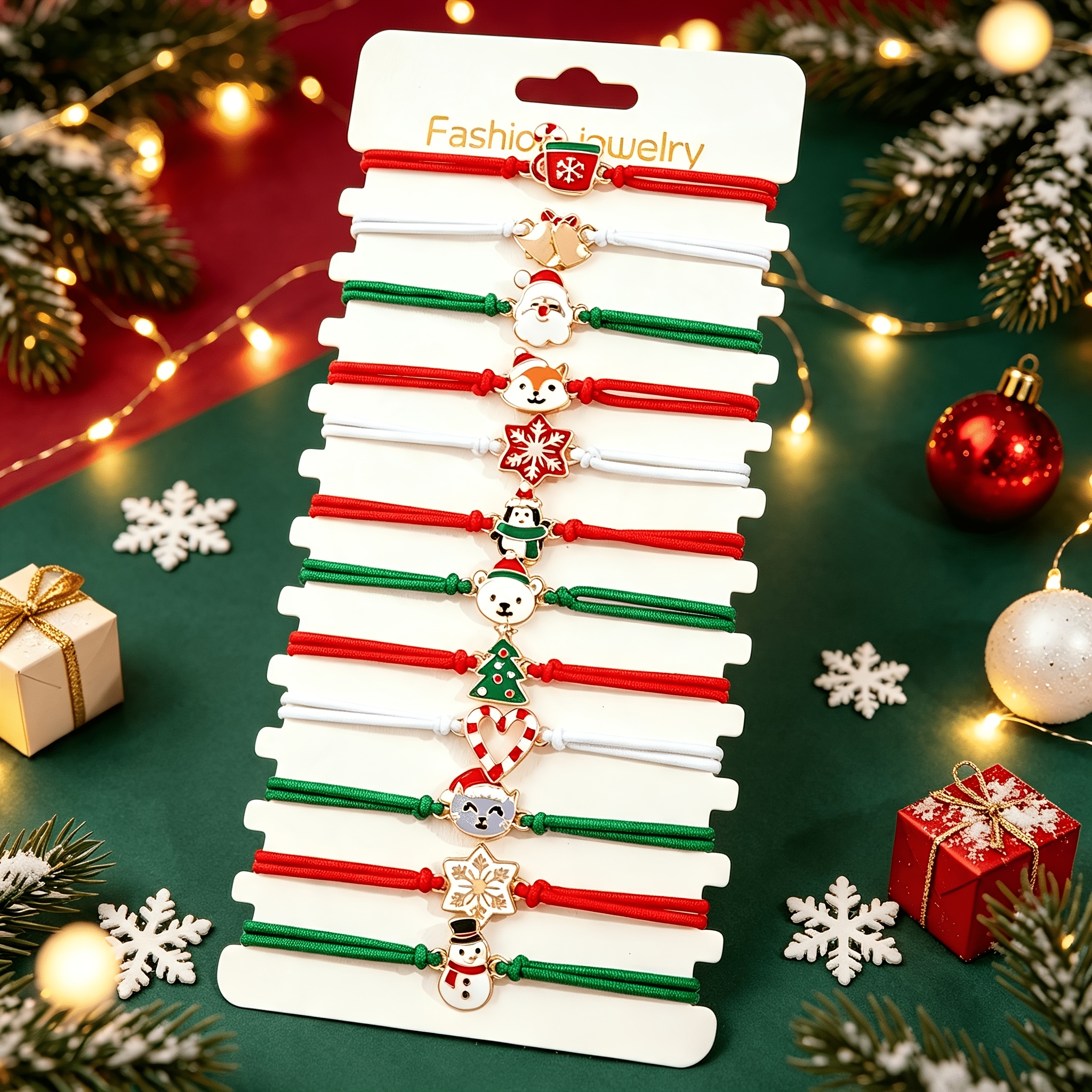TEMU 12pcs Qpeach Handmade Braided Christmas Charm Bracelets With Elastic & Enamel Pendants - Multicolor Suitable For Kids Girls, Santa, Snowman,