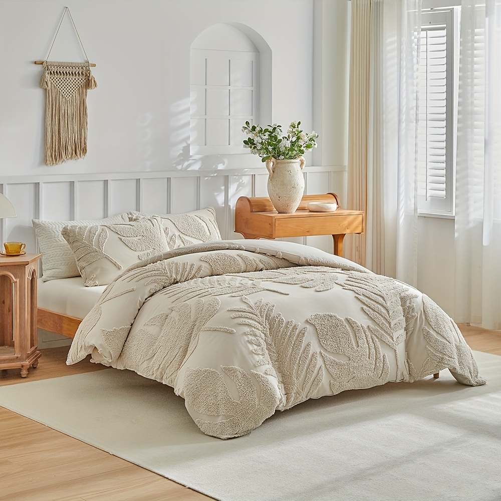 3D Leaf Pattern Duvet Cover Set 2/3pcs Set - High-Quality Tufted Craft, Distressed Style Washable Bedding, Soft Breathable Khaki Bedroom Decor, Multi-Size Available, All-Season Bedding